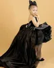 Little Girls Hi-lo Black Prom Pageant Gowns 2021 Backless Satin Lace Appliqued Flower Girl Dresses for Wedding Party First Communion AL8708