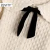 Zevity Women Fashionターンダウンカラー幾何学的パターン編みセーター女性シックな弓縛られた胸肉Cardigan Tops S425 201224