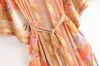Винтажные шикарные моды женщины цветочные печатные летучие мыши рукава богемное кимоно платье готические дамы V шеи летний пляж Boho халат крышка 220426