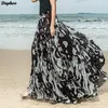 맞춤 제작 된 여름 새로운 패션 브랜드 높은 허리 검은 인쇄 Pleated 쉬폰 치마 여성 요정 큰 스윙 맥시 긴 스커트 T200113