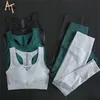 Seamless Fitness Gym Sets Hollow Out Women Outfit Sports Bra and Running Pants Set Woman 2 Pieces Tracksuit Workout Clothes 220315