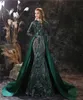 Elegante abito da sera verde scuro a maniche lunghe a sirena con strascico staccabile in raso robe de soiree