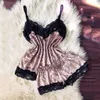 ملابس النساء الدانتيل سمين من قطعتين سرازالت مصمم مثير ساتان babydoll Lingerie Nightdress Pajamas ملهى ليلي الزي