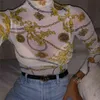 Frauen Mesh Sheer See durch Druck Hemd Blusen Outwear Rollkragen Langarm Tops Transparent Slim Shirt Bodycon Club Bluse H1230