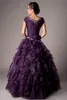 Виноградно-фиолетовое бальное платье Длинные скромные платья для выпускного вечера с короткими рукавами и оборками из бисера Вечерние платья для выпускного вечера для школьниц New266I