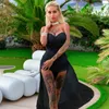 Black/White Slit Maxi Dress Lace Partchwork Sexy Club Wear Strapless See Through Lace Long Dresses Woman Party Night Outfits T200707
