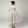 Jolies robes de Quinceanera de la marine Tulle Une ligne ceinture longue robes de filles de fleurs col rond sans manches fête d'anniversaire robes de petite fille