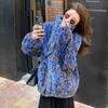 Damesjassen Retro Women Blue Leopard Print Lamb Pluche Jas Faux Bont Winter Fleece Fluffy Plus Katoen Jas Rits Cardigan Tops Parka