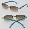 New Micro-paved Diamond Rimless Wooden womans sunglasses Original Blue Wood mens designer Glasses Male and Female Eyewear 18K Gold C Decoration Rocks Frame