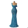 Luxuriöse Meerjungfrau-Abendabend-Abendkleider für Damen 2022, glitzernde Pailletten, blau, einschulterlang, kurze Ärmel, formelle Abschlussball-Party-Kleider