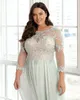 Sage Lace Plus Size Prom Dresses Sheer Bateau Neck A Line Long Sleeves Evening Gowns Floor Length Chiffon Formal Dress 415