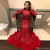 Lindos vestidos de noite de sereia vermelha brilhantes lantejoulas com penas de manga longa African Black Girl Prom Vones Formal Party Gown307f