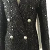 Veste longue noire à paillettes et perles pour femme, vêtement d'extérieur de styliste, Sexy, élégant, Slim, Chic, haut de scène, 2020