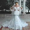 Luxo Bling Branco Sereia Vestidos de Noiva 2021 Arábia Saudita Ver através de Longa Manga Lace Princesa Boho vestido de noiva frisado Robe de Mariee