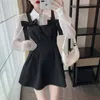 Lapela Camisas Brancas Mulheres Manga Longa Blusa Top Vintage Slim Bow Black Tank Dress Mini Moda Outono Casual Conjuntos Elegant Sexy 220302