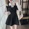 Lapel White Shirts Women Long Sleeve Blouse Top Vintage Slim Bow Black Tank Dress Mini Fashion Autumn Casual Sets Elegant Sexy 220302