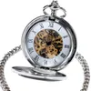 2020 New Arrival Silver Smooth Double Full Hunter Case Steampunk Skeleton Dial Mechanical Pocket Watch With Chain for Best Gifts T200502