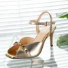 Fish mouth gold high heels women's stiletto heel summer sandals genuine leather metal dress open toe women's shoes banquet women's high heel