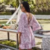 夏のドレスピンクのエレガントなファッションプリントフリルスリーブレディース服背中の休みライン梨花のドレス新しい到着2021 Y0118