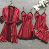 Summr New Satin Black Lace Fashion Women Sleepwear With Chest Pad Nightdress Shorst Cardigan Set Pajamas 201114