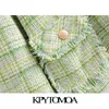 KPYTOMOA Femmes Mode Bureau Porter Garnitures Effilochées Tweed Blazer Manteau Vintage À Manches Longues Poches Femme Survêtement Chic Tops 201201