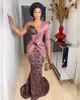 Robe Rose Pale Mermaid Evening Formal Dresses with One Shoulder Long Sleeve Lace Stain African Nigerian Aso Ebi Prom Engament Dress