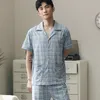 メンショートパジャマ100コットン2ピースファッションスリープウェアピジャママンSベッドガウンホームズ服pj格子縞のピュアコットンパジャマサマーLJ20112