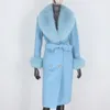 BluenessFair Cashmere lã mistura casaco de pele real casaco de inverno duplo jaqueta de inverno grande mulheres grande raposa colar de pele outerwear 210204