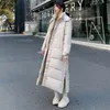 Mode X-Long Stand Collar Hooded Winter Down Jacket Dames Solid Full Sleeve Button Slit Zipper Dames Down Coat Parka Vrouw 201019