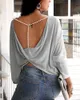 Autumn Spring Women Fashion Elegant Sexy Long Sleeve Ladies Open Back Top Solid Beaded Strap Backless Twisted 220208