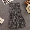 Spring Autumn 2 Piece Set Overalls Dress Women Elegant Ruffles Chiffon Bow Shirt Top+Double Breasted Plaid Tweed Vest 220120