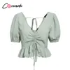 Conmoto Sexy Beach Chiffon Crop Tops Women Blouse Shirts Lace Up Ruffles Puff Blouses Feminino Puff Casual Blusas Mujer LJ200813