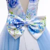 Schöne blaue lila geschwollene Tüll Kinder Formale Kleider Kleider Blumenmädchenkleider mit Handgemachte Blumen Backless Arabisch Mädchen Pageant Kleid