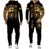 Personalidade animal legal leão 3d todo impressão tracksuits homens moda zíper calças com capuz 2 pcs conjunto ternos esportivos 220225