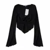 Summer retro threaded trumpet sleeves micro-beam corset V-neck T-shirt women, sexy fungus pleated short top women 220208