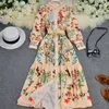 2020 New Women Vintage Print Casual Dress Autumn Stand Collar Button Puff Sleeve Long Robe Fashion Chic Flower Streetwear Maxi Dresses