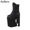 Sorbern 26cm 블록 뒤꿈치 부츠 여성 블랙 스팽글 드래그 퀸 페티쉬 크로스 드 드래그에 대 한 Chunky 힐 신발