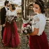 2019 Abiti da sposa country in tulle bordeaux Una linea maniche corte Abiti da sposa in pizzo Due pezzi Abiti da sposa Boho taglie forti