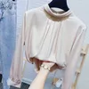 New design women's spring stand collar chains patchwork long sleeve silk satin fabric OL blouse shirt tops MLXL