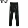 TRAF Dames chique mode faux lederen skinny fit broek vintage hoge taille side rits vrouwelijke enkel broek Mujer 201031