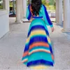 2020 Stripe Drukuj Szyfonowa Długa Sukienka z Sashes Kobiety Afryki Kontrast Kolor Z Długim Rękawem Głęboki V Evening Party Homecoming