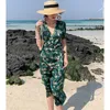 Summer Women Floral Print Green Satin Dress Slim Elegant Boho Vacation Tropical Midi Beach Dress Vintage Korean Runway Dresses T200416