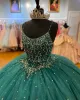 Donkergroene quinceanera -jurken ruches sprankelende pailletten kralen spaghetti banden tule sweet 16 optocht baljurk op maat gemaakte formele ocn vestidos 403 403