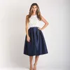 Saias Top Quality Mulheres Midi Saia em Marinho Azul Cetim Cintura Alta Plissada 2022 Personalizado Adulto Trabalho formal Wear Saia Jupe