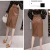 REALEFT Autumn Winter Sashes Women PU Leather Sheath Midi Skirts High Waist Knee-Length Wrap Skirts with Pocket Saia Female LJ200820