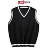 Lappster homens listrados tricotada camisola colete mens v pescoço harajuku moda coreana moda lã colete masculino streetwear roupas pretas 20124