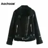 Aachoae Women Fashion Faux LeatherとLamb Fur Jacket Coat Zipper長袖厚い温かいコート冬のアウターウェア201030