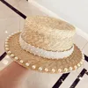 Fibonacci New Pearl Decoration Sun Hat For Women Flat Top Jazz Fedoras Panama Summer Straw Hat Kort Blue Girdle Beach Hats Y200602