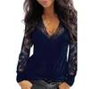 Feminino tops pulôver mulheres sexy mulheres profundas vice-pescoço de renda ver através da blusa de manga longa blusa superior sólido blusa vintage camisas 2021 h1230