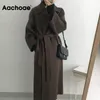 ACHOAE 여자 벨트 솔리드 컬러 긴 소매 세련 된 겉옷 여성 겨울 가을 겨울이있는 우아한 긴 울 코트 201210